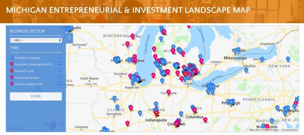 Michigan venture capital, Michigan VCs, Michigan startup funding, Michigan angel investors, Michigan university startup funding, Michigan economic development, Michigan Entrepreneurial Investment Landscape Map