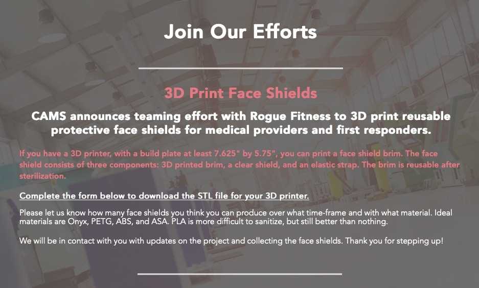 CAMS, 3D print face shields, PPE designs
