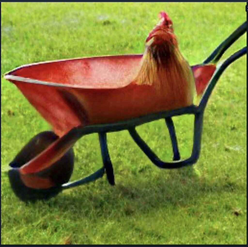 Dalle image, red wheelbarrow chicken